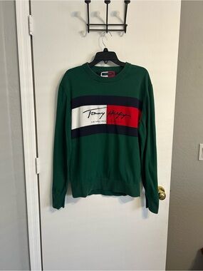 Tommy Hilfiger Green Crewneck with Navy, White & Red Logo Panel, Large statement
